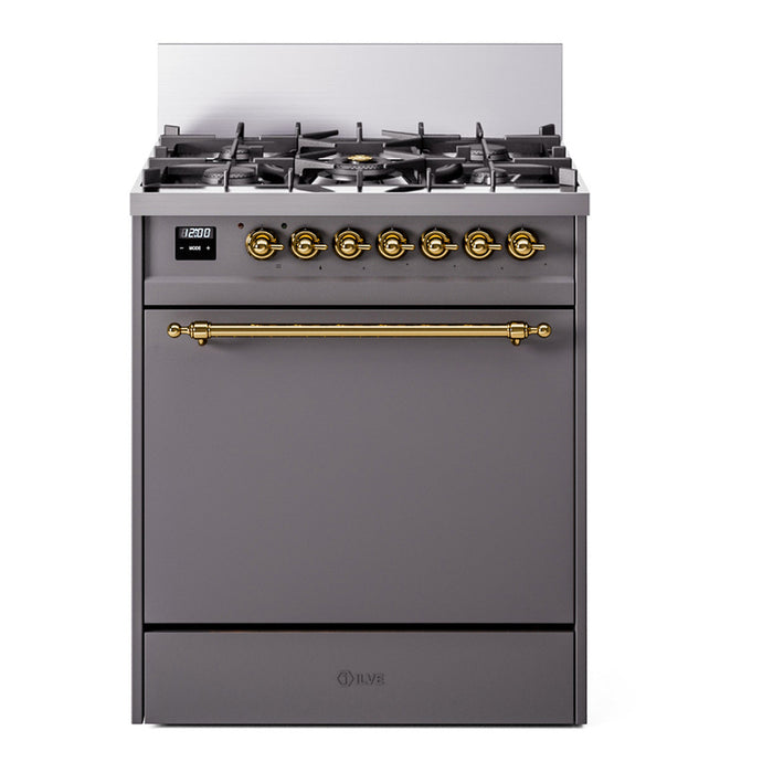 ILVE 30 Inch Nostalgie II Dual Fuel Range with 5 Sealed Burners, Solid Door with Brass Trim