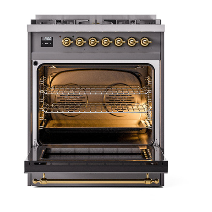 ILVE 30 Inch Nostalgie II Dual Fuel Range with 5 Sealed Burners, Solid Door with Brass Trim