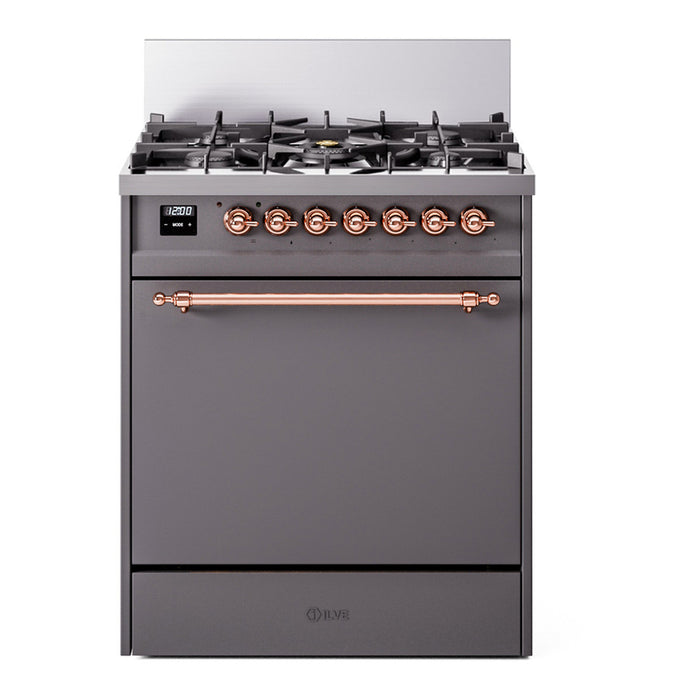 ILVE 30 Inch Nostalgie II Dual Fuel Range with 5 Sealed Burners, Solid Door with Copper Trim