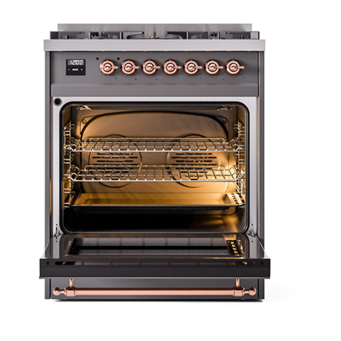 ILVE 30 Inch Nostalgie II Dual Fuel Range with 5 Sealed Burners, Solid Door with Copper Trim