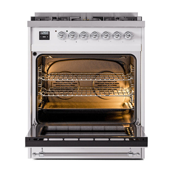 ILVE 30 Inch Nostalgie II Dual Fuel Range with 5 Sealed Burners, Solid Door with Chrome Trim