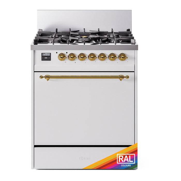 ILVE 30 Inch Nostalgie II Dual Fuel Range with 5 Sealed Burners, Solid Door with Brass Trim
