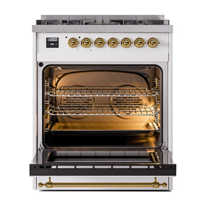 ILVE 30 Inch Nostalgie II Dual Fuel Range with 5 Sealed Burners, Solid Door with Brass Trim