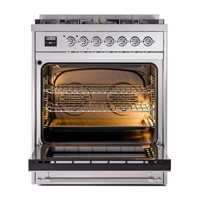ILVE 30 Inch Nostalgie II Dual Fuel Range with 5 Sealed Burners, Solid Door with Chrome Trim