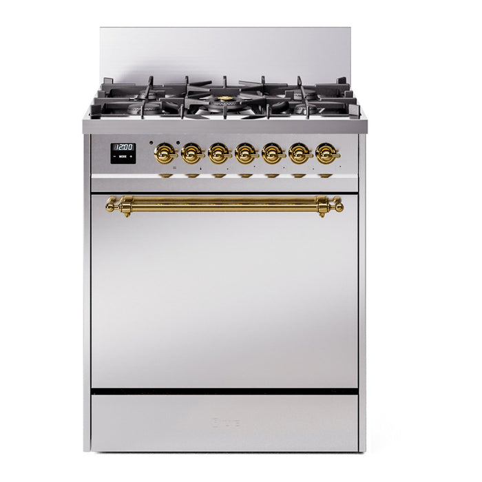 ILVE 30 Inch Nostalgie II Dual Fuel Range with 5 Sealed Burners, Solid Door with Brass Trim