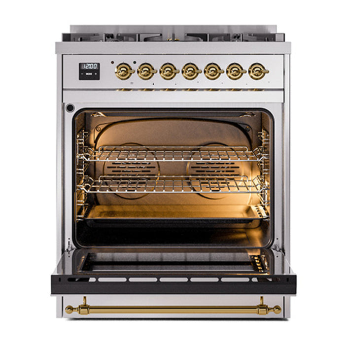 ILVE 30 Inch Nostalgie II Dual Fuel Range with 5 Sealed Burners, Solid Door with Brass Trim