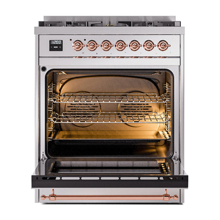 ILVE 30 Inch Nostalgie II Dual Fuel Range with 5 Sealed Burners, Solid Door with Copper Trim