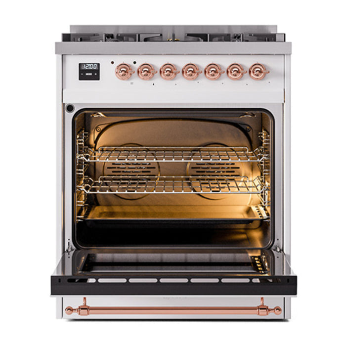 ILVE 30 Inch Nostalgie II Dual Fuel Range with 5 Sealed Burners, Solid Door with Copper Trim