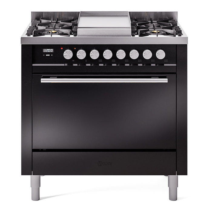 ILVE 36 Inch Professional Plus II Dual Fuel Range with 6 Sealed Burners, Solid Door with Stainless Steel Trim