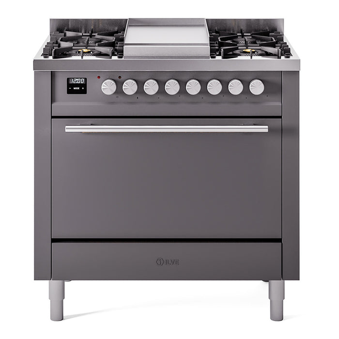 ILVE 36 Inch Professional Plus II Dual Fuel Range with 6 Sealed Burners, Solid Door with Stainless Steel Trim