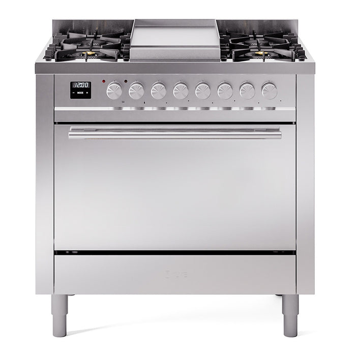 ILVE 36 Inch Professional Plus II Dual Fuel Range with 6 Sealed Burners, Solid Door with Stainless Steel Trim