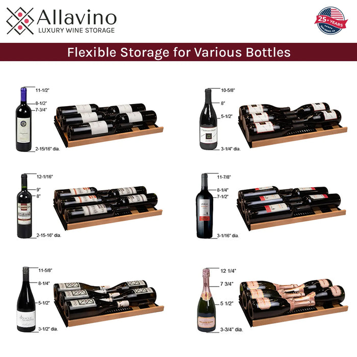 Allavino Reserva Series 67 Bottle 71 Inch Tall Single Zone Left Hinge Black Shallow Wine Refrigerator with Wood Front Shelves