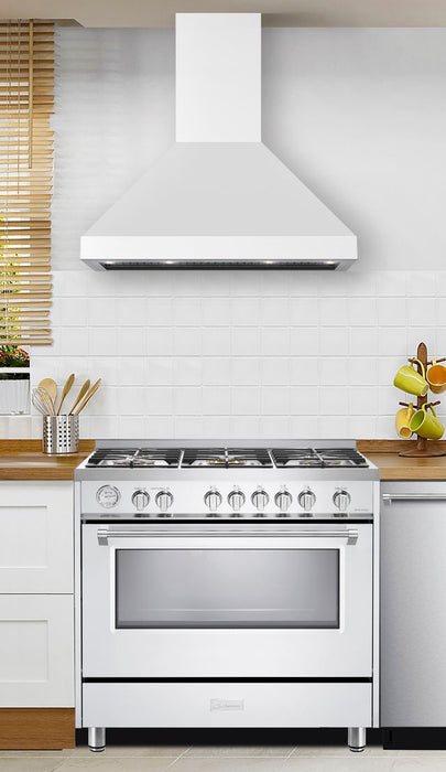  Verona 36 Inch 600 CFM Designer Low Profile Wall Mount White Range Hood Attached