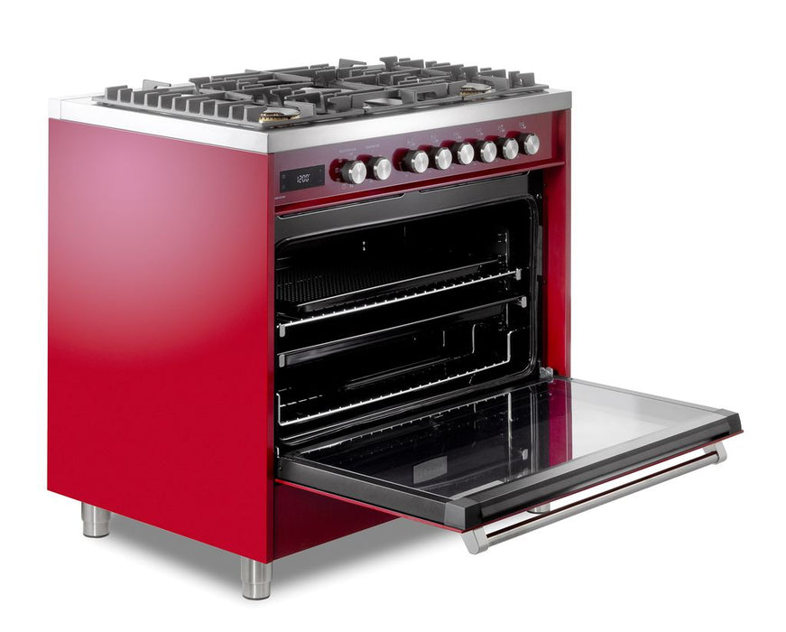 Verona Ultima 36 Inch Freestanding Burgundy Dual Fuel Range Open