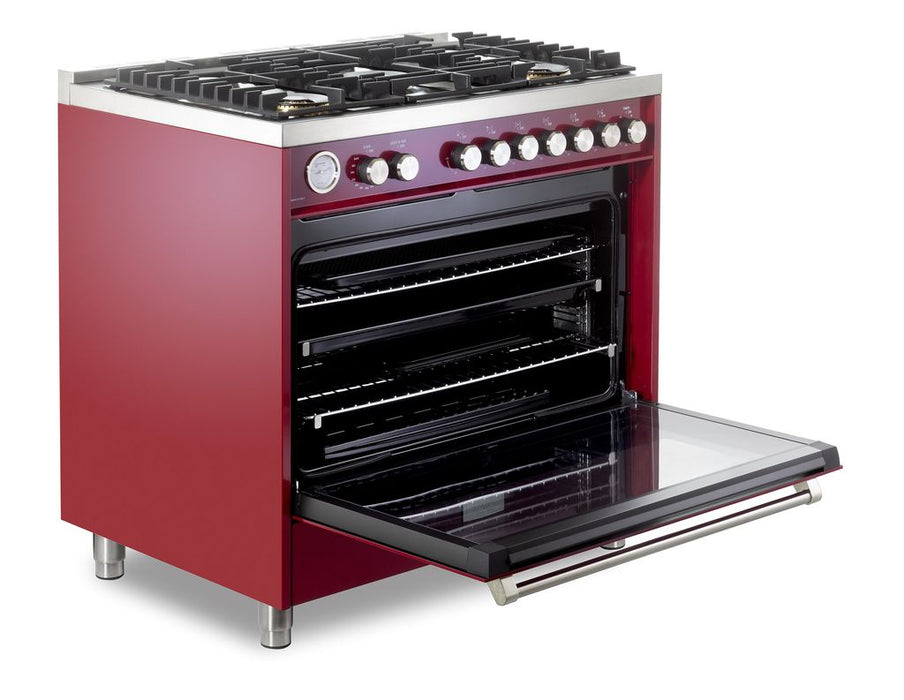 Verona Ultima 36 Inch Freestanding Burgundy Gas Range Open