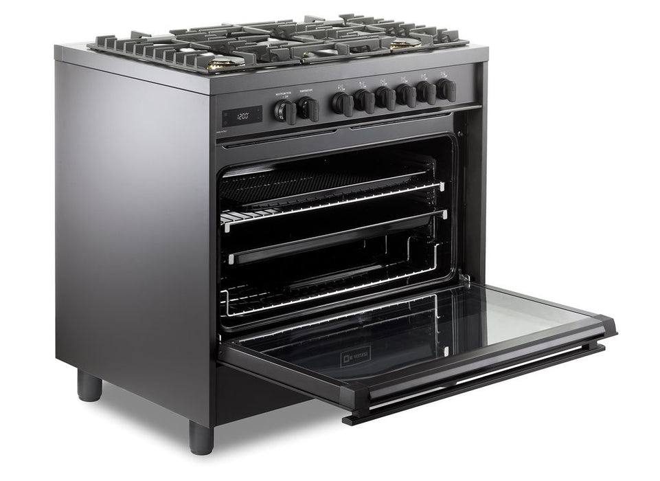 Verona Ultima Midnight 36 Inch Freestanding Full Black Dual Fuel Range Open