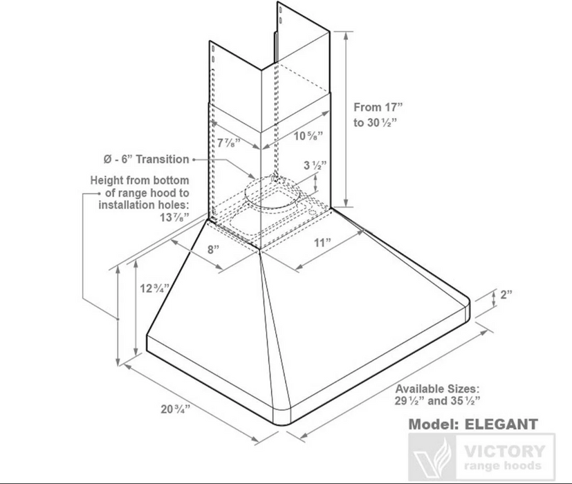 Victory Range Hood Elegant 36 Inch 600 CFM Wall Mounted Range Hood Dimensions