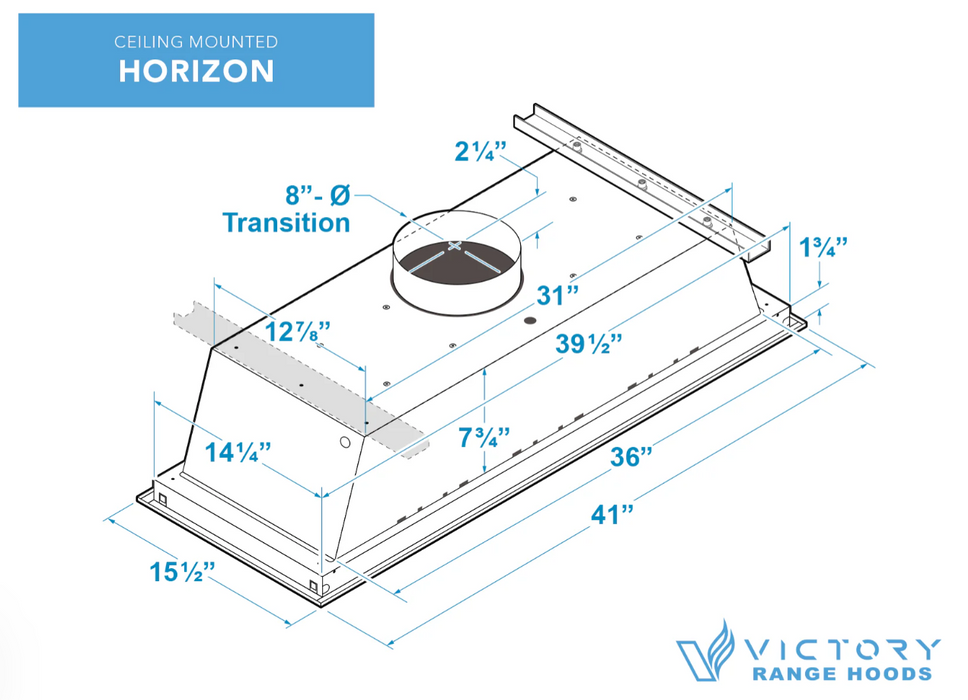 Victory Range Hood Horizon 900 CFM Powerful Flush Ceiling Mount Range Hood Dimensions