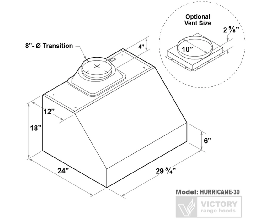 Victory Range Hood Hurricane 30 Inch 1200 CFM Under Cabinet Range Hood Dimensions