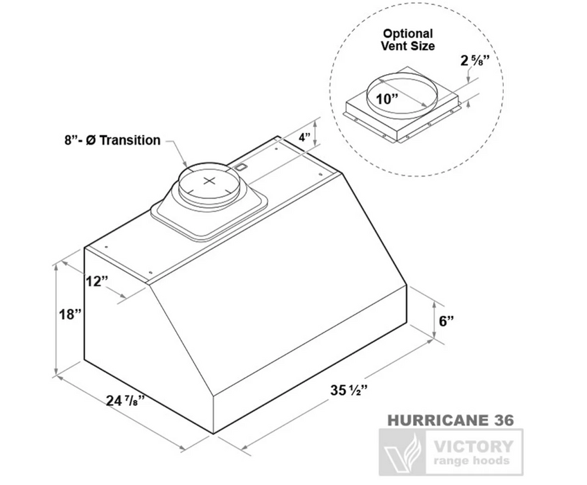 Victory Range Hood Hurricane 36 Inch 1200 CFM Under Cabinet Range Hood Dimensions