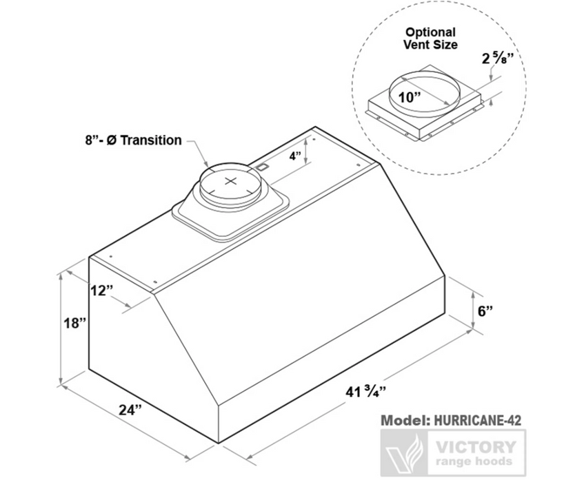 Victory Range Hood Hurricane 42 Inch 1200 CFM Under Cabinet Range Hood Dimensions