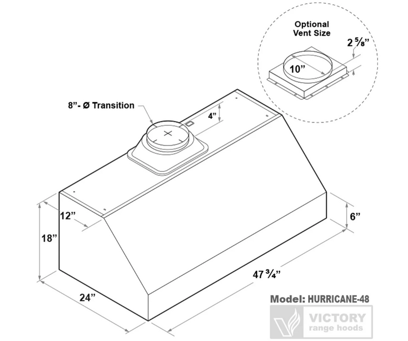 Victory Range Hood Hurricane 48 Inch 1200 CFM Under Cabinet Range Hood Dimensions