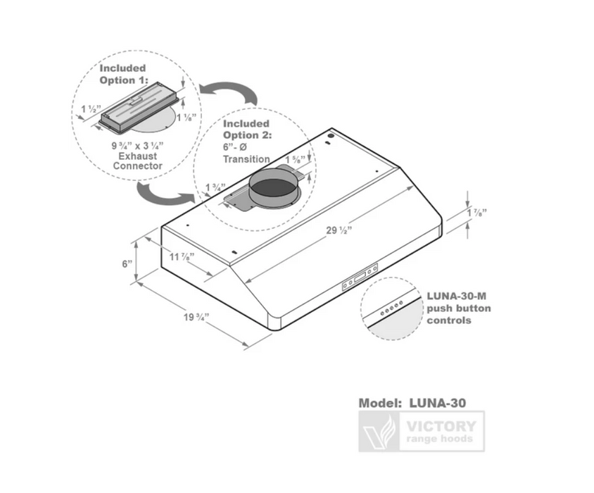 Victory Range Hood Luna 30 Inch 600 CFM Under Cabinet Range Hood Dimensions