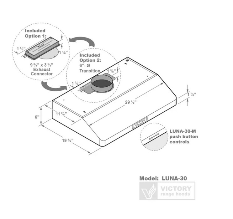 Victory Range Hood Luna M 30 Inch 600 CFM Under Cabinet Range Hood Dimensions