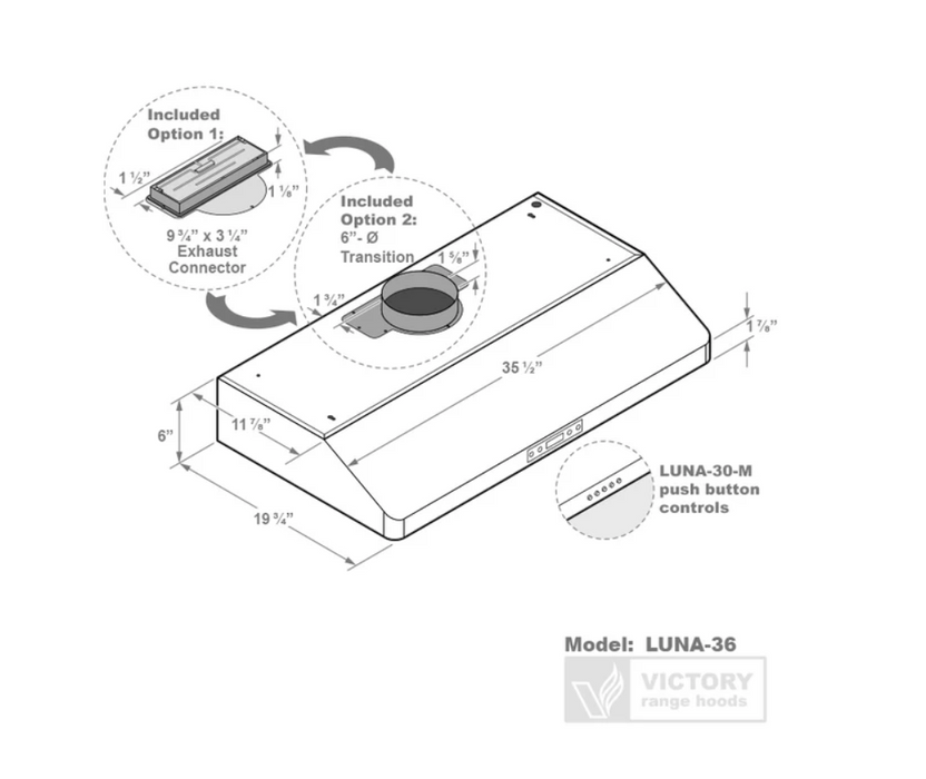Victory Range Hood Luna M 36 Inch 600 CFM Under Cabinet Range Hood Dimensions