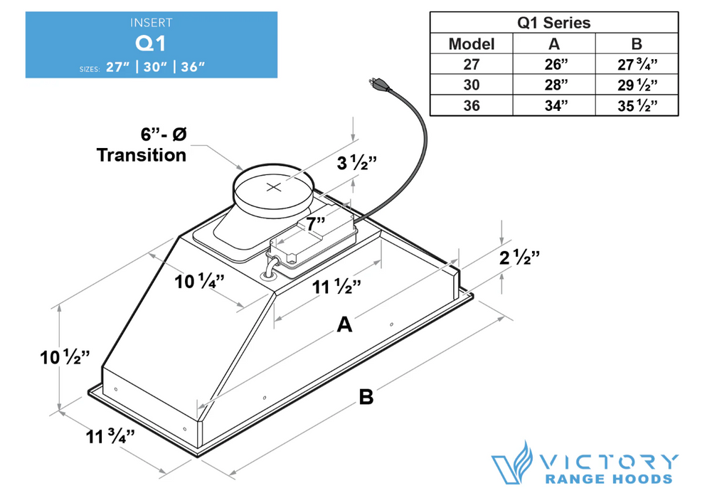 Victory Range Hood Q1 30 Inch 600 CFM Range Hood Insert Dimensions