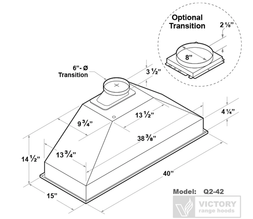 Victory Range Hood Q2 42 Inch 700 CFM Range Hood Insert Dimensions
