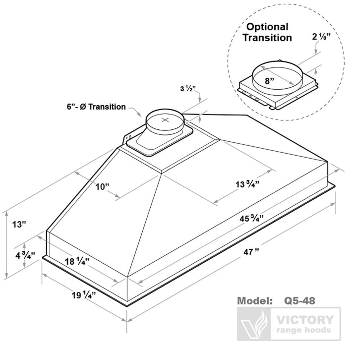 Victory Range Hood Q5 48 Inch 750 CFM Range Hood Insert Dimensions