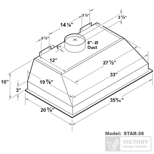 Victory Range Hood Star 36 Inch 900 CFM Range Hood Insert with Double Blower Dimensions