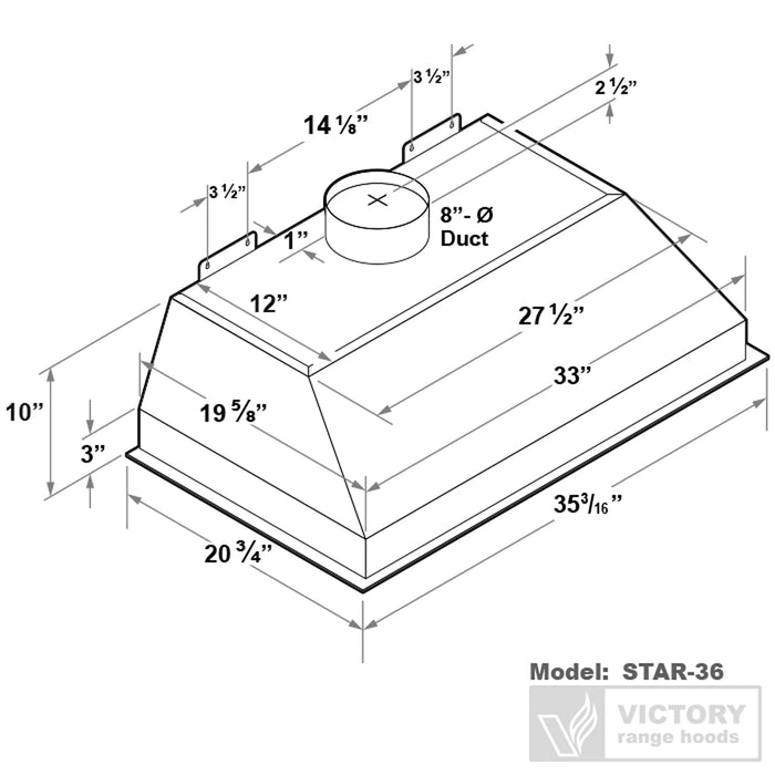 Victory Range Hood Star 36 Inch 900 CFM Range Hood Insert with Double Blower Dimensions