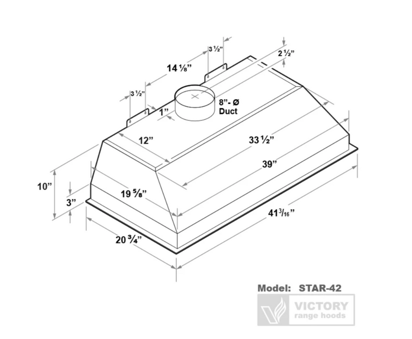 Victory Range Hood Star 42 Inch 900 CFM Range Hood Insert with Double Blower Dimensions