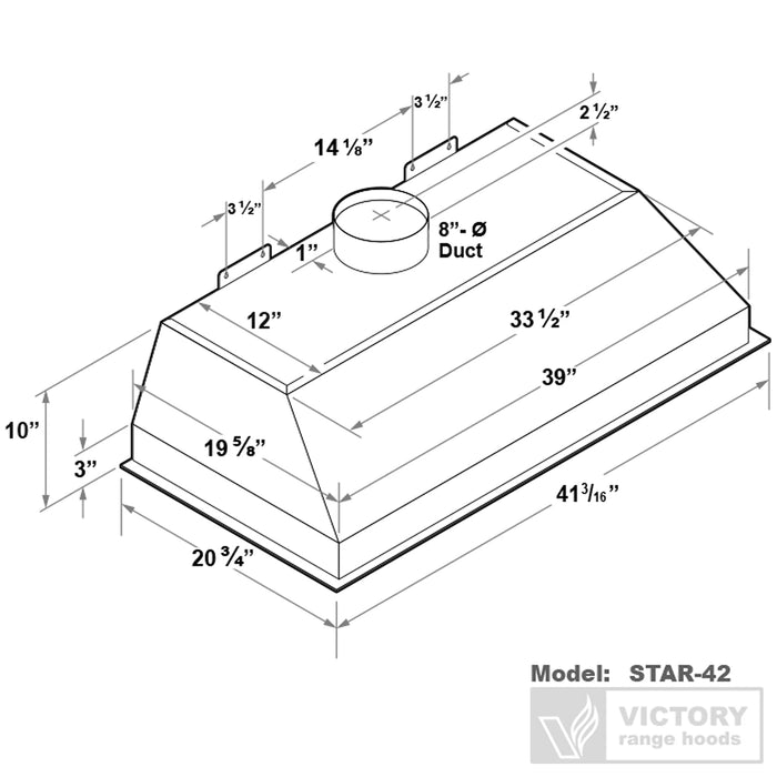 Victory Range Hood Star 42 Inch 900 CFM Range Hood Insert with Double Blower Dimensions