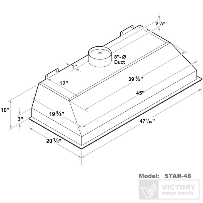 Victory Range Hood Star 48 Inch 900 CFM Range Hood Insert with Double Blower Dimensions