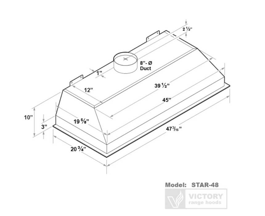 Victory Range Hood Star 48 Inch 900 CFM Range Hood Insert with Double Blower Dimensions