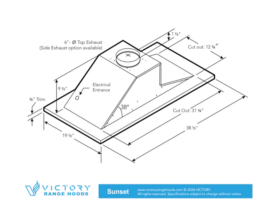 Victory Range Hood Sunset 600 CFM Wireless Flush Bluetooth Ceiling Mount Range Hood Dimensions