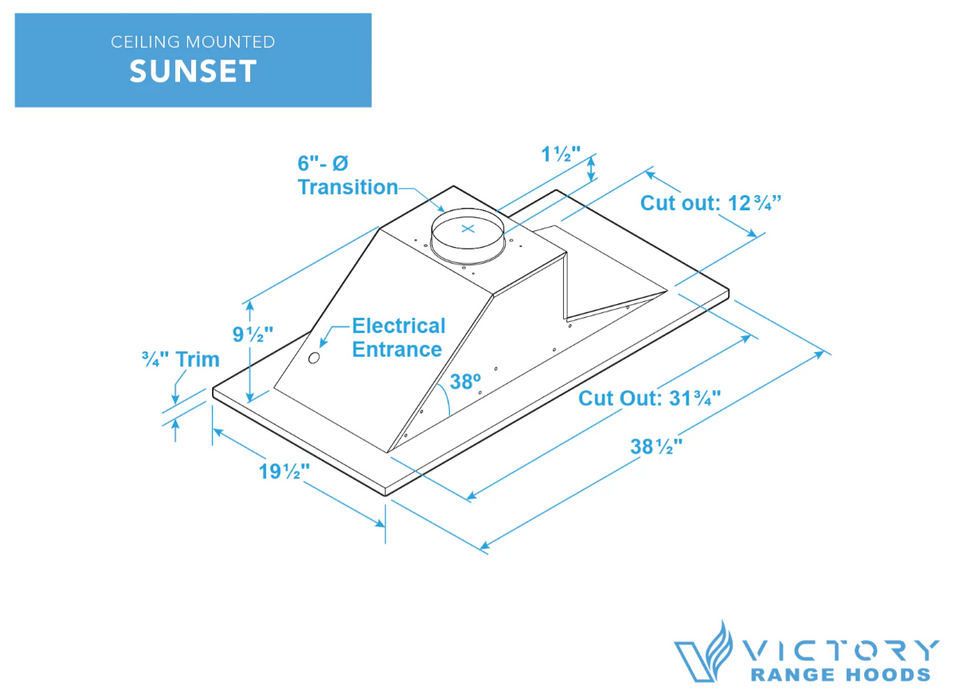 Victory Range Hood Sunset 600 CFM Wireless Flush Ceiling Mount Range Hood Dimensions