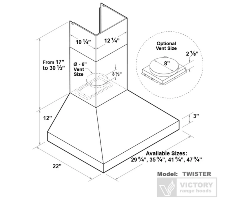 Victory Range Hood Twister 30 Inch 750 CFM Wall Mounted Range Hood Dimensions
