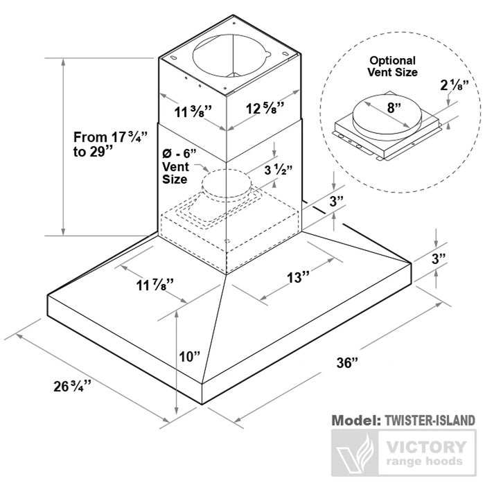 Victory Range Hood Twister 36 Inch 750 CFM Island Mount Range Hood Dimensions