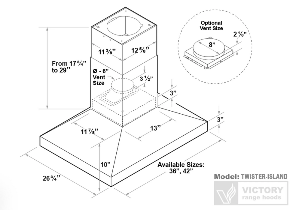 Victory Range Hood Twister 36 Inch 750 CFM Island Mount Range Hood Dimensions