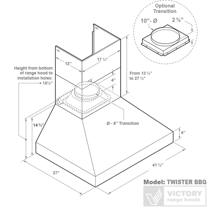 Victory Range Hood Twister 42 Inch 1200 CFM BBQ Range Hood Dimensions