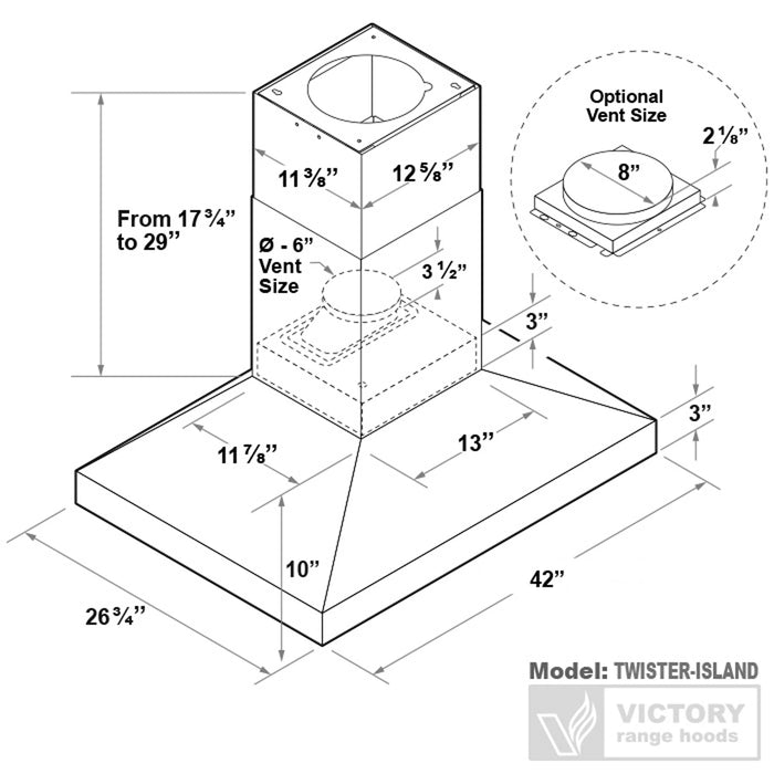 Victory Range Hood Twister 42 Inch 750 CFM Island Mount Range Hood Dimensions