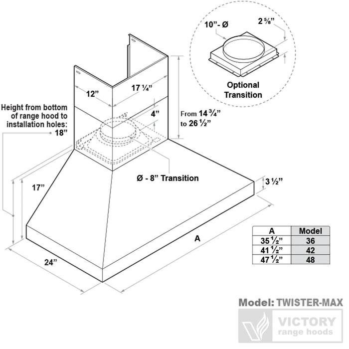 Victory Range Hood Twister MAX 48 Inch 1200 CFM Wall Mounted Range Hood Dimensions