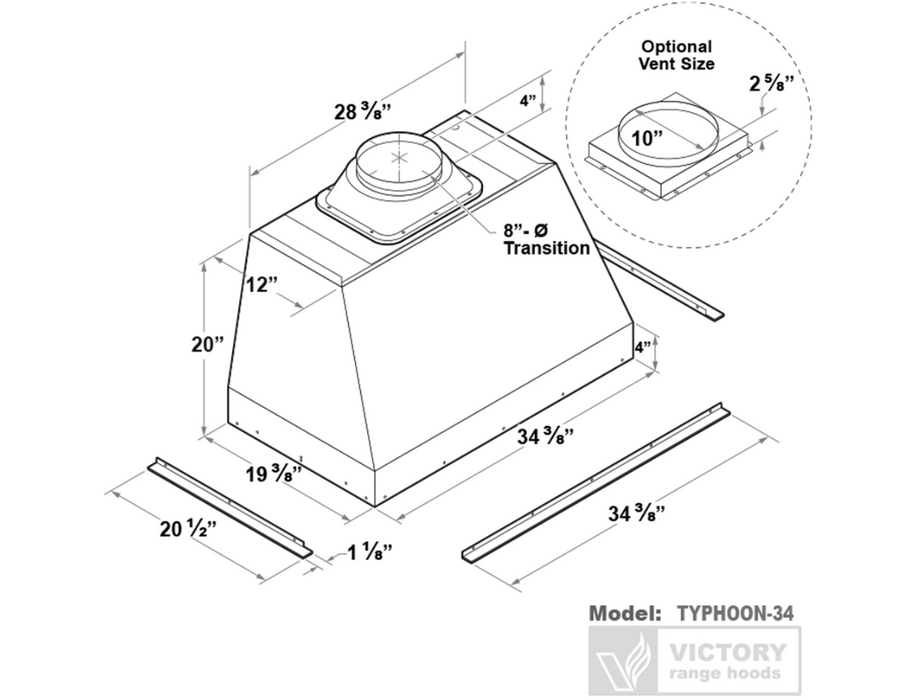 Victory Range Hood Typhoon 36 Inch 1200 CFM Range Hood Insert Dimensions