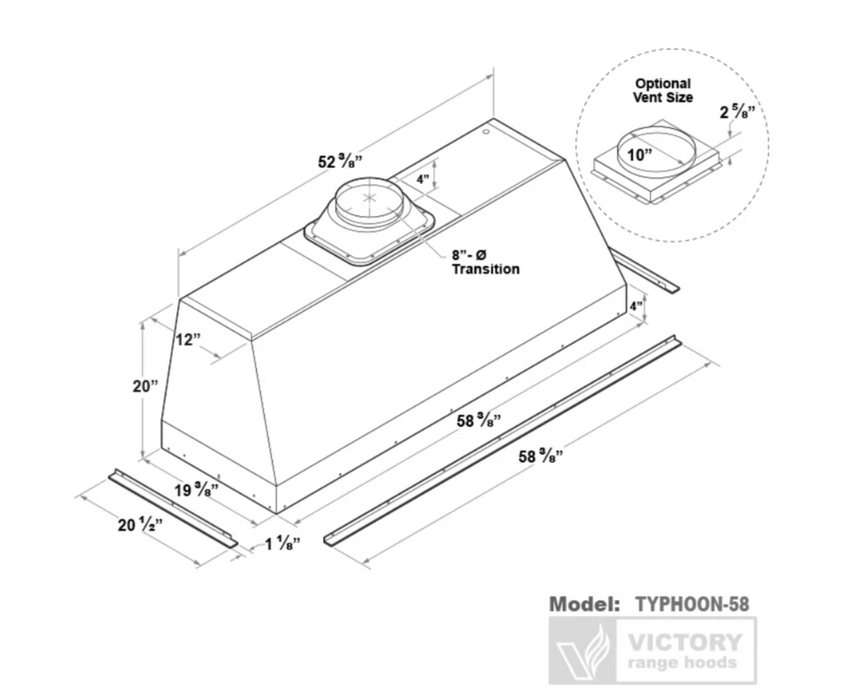 Victory Range Hood Typhoon 58 Inch 1200 CFM Range Hood Insert Dimensions