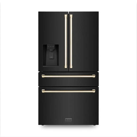 ZLINE 36 Inch Autograph Edition 21.6 cu. ft Freestanding French Door Refrigerator with Water and Ice Dispenser in Fingerprint Resistant Black Stainless Steel with Accents (RFMZ-W-36-BS)