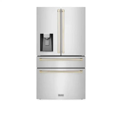 ZLINE 36 Inch Autograph Edition 21.6 cu. ft Freestanding French Door Refrigerator with Water and Ice Dispenser in Fingerprint Resistant Stainless Steel with Accents (RFMZ-W-36)